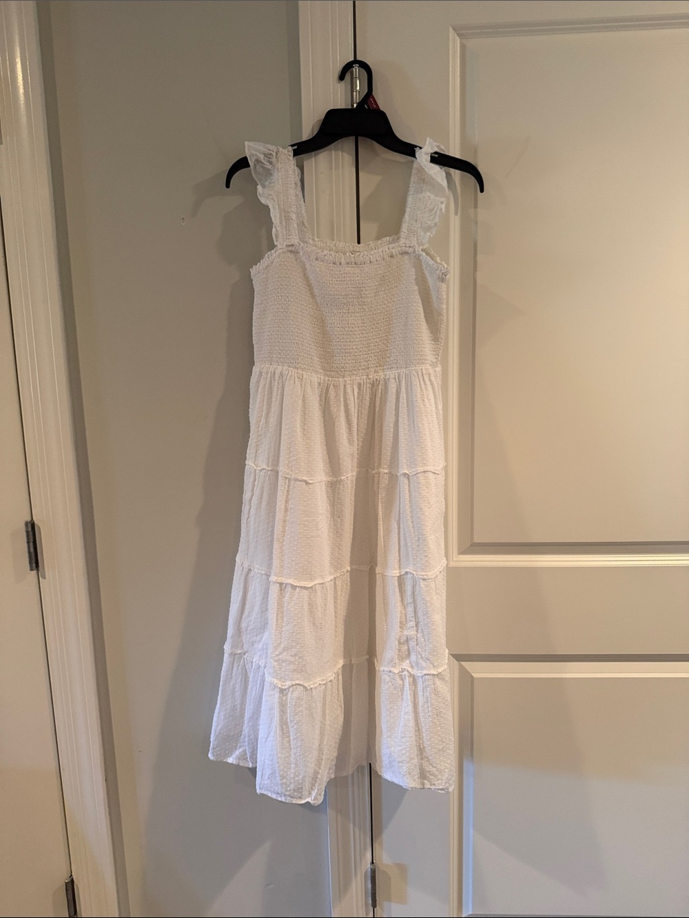 J. Crew White Smocked Tiered Midi Dress with Ruffle Straps